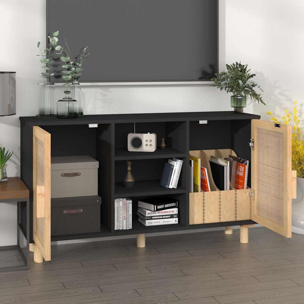 vidaXL Sideboard | Black | Engineered wood, Solid pine wood, Natural rattan