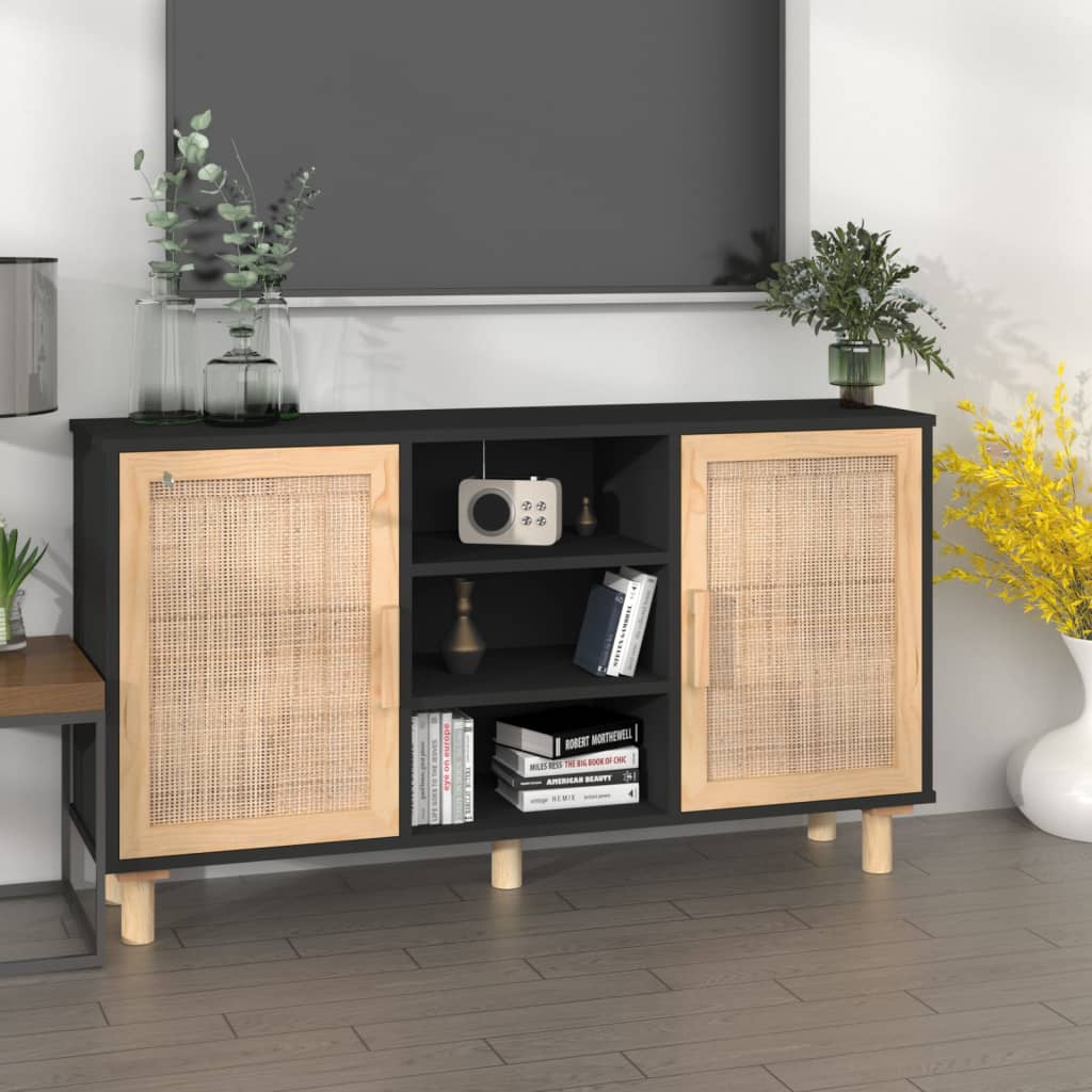 vidaXL Sideboard | Black | Engineered wood, Solid pine wood, Natural rattan