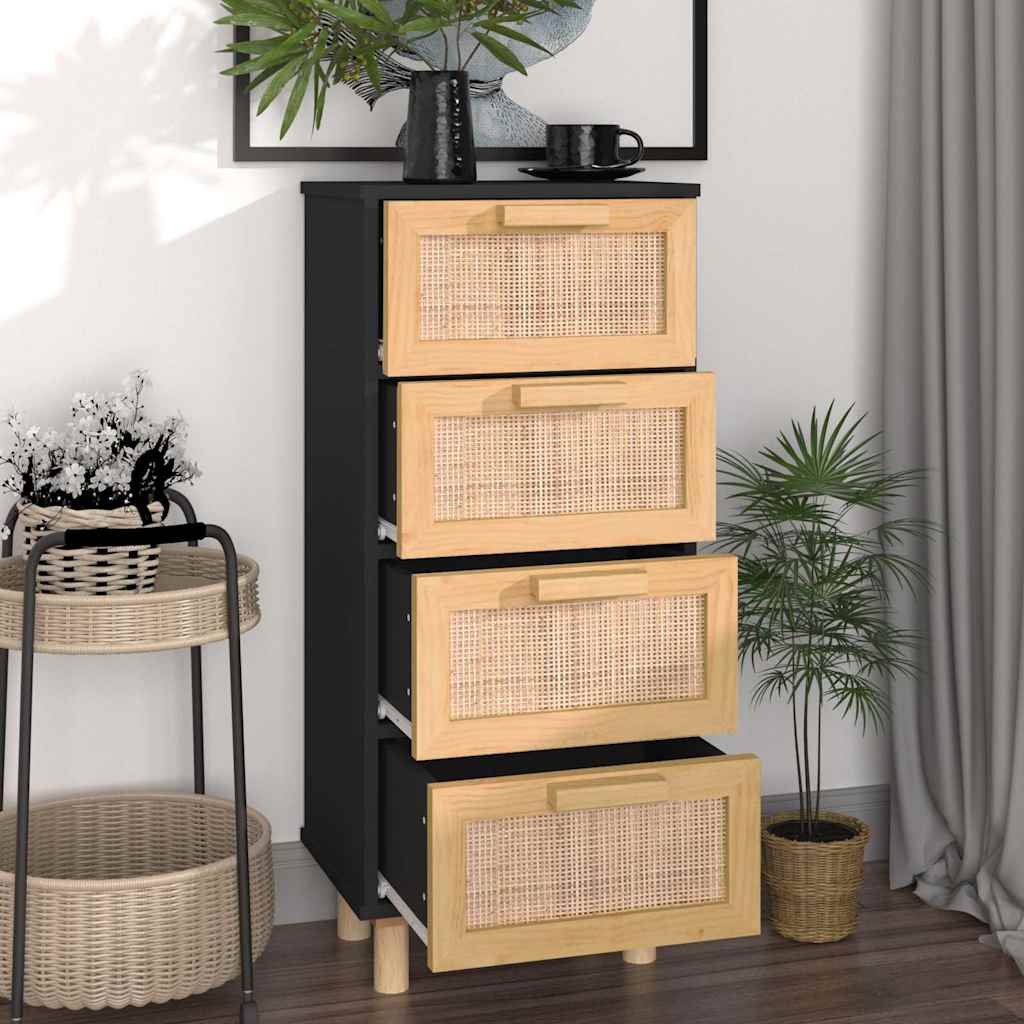 vidaXL Sideboard Black 40x30x90 cm Solid Wood Pine and Natural Rattan
