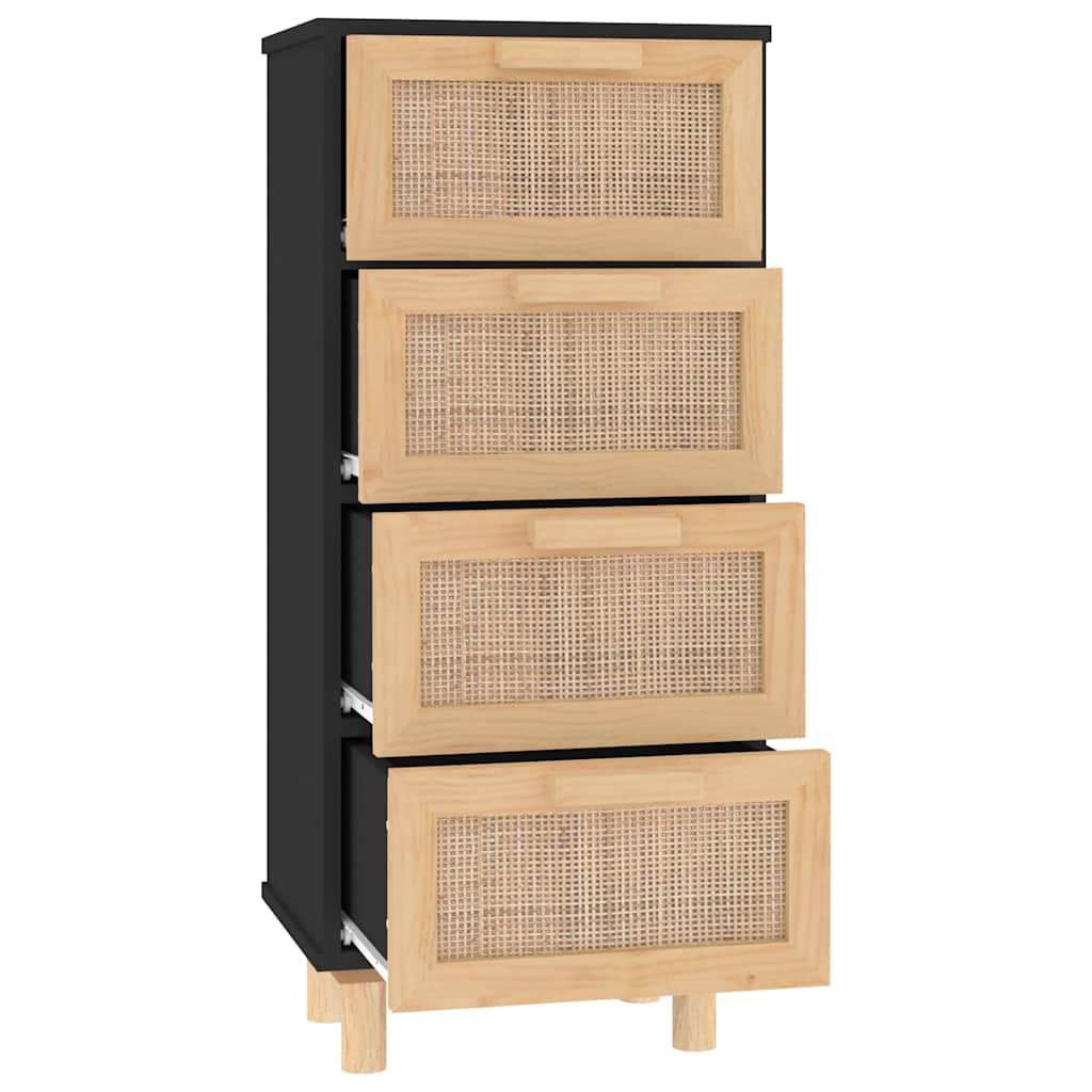 vidaXL Sideboard Black 40x30x90 cm Solid Wood Pine and Natural Rattan