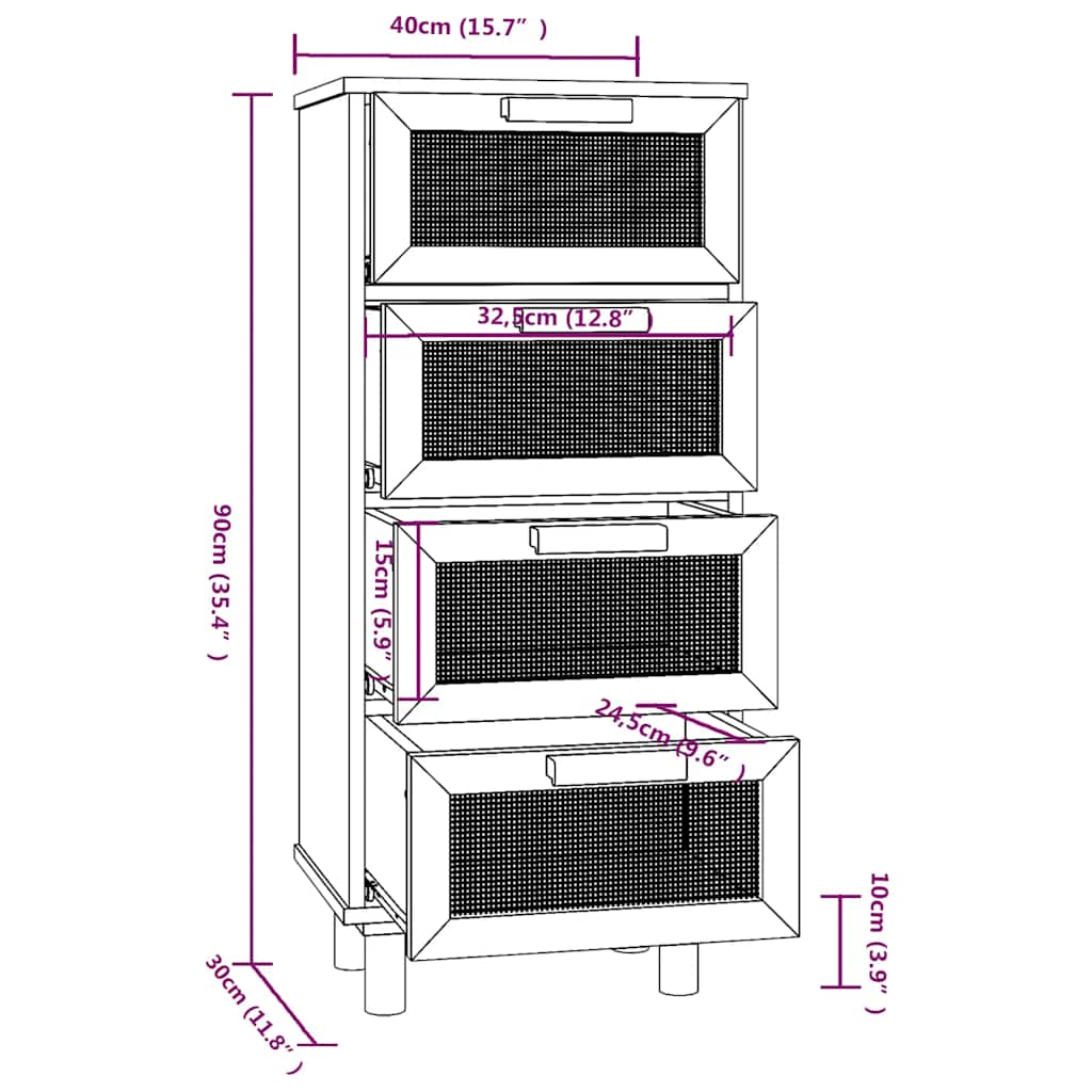 vidaXL Sideboard Black 40x30x90 cm Solid Wood Pine and Natural Rattan