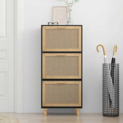vidaXL Shoe Cabinet Black 52x25x115 cm Engineered Wood&Natural Rattan