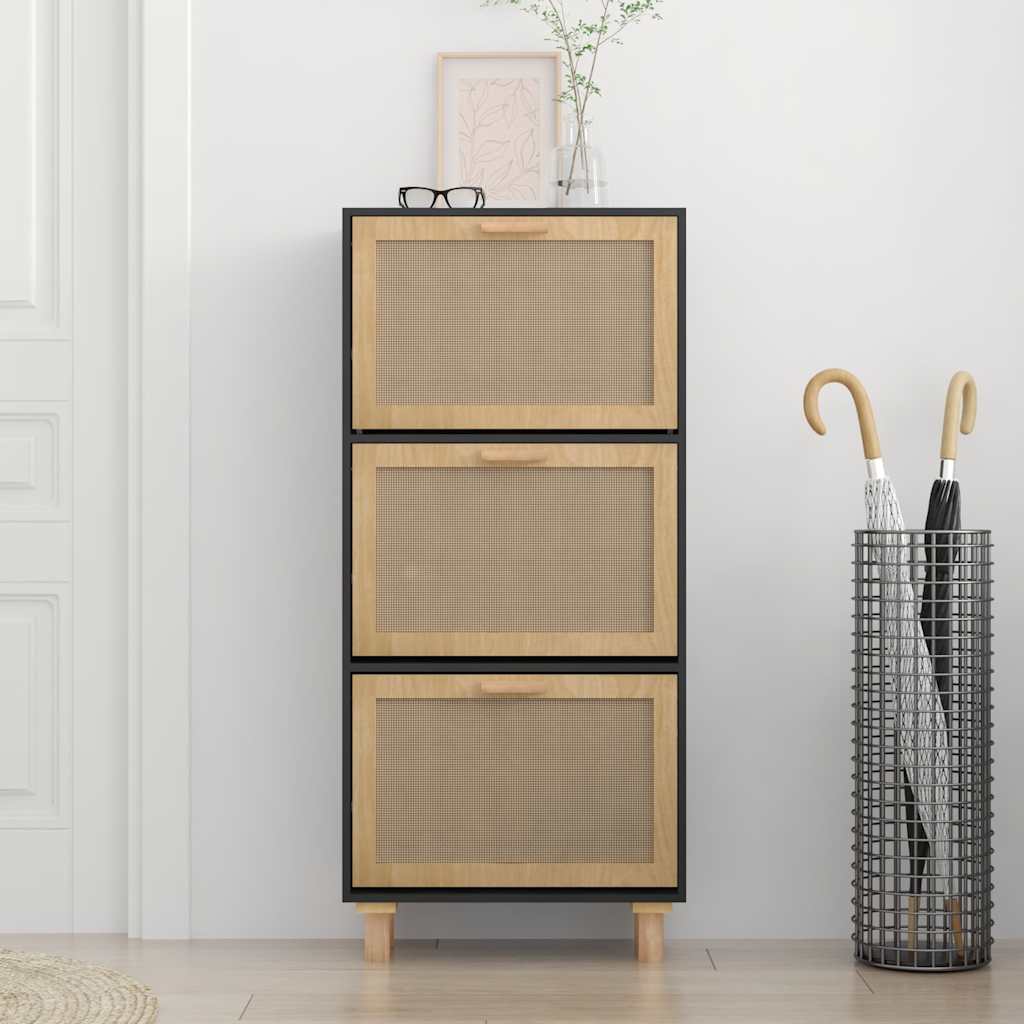 vidaXL Shoe Cabinet Black 52x25x115 cm Engineered Wood&Natural Rattan