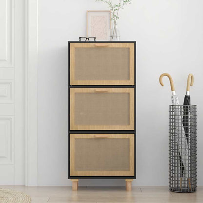 vidaXL Shoe Cabinet Black 52x25x115 cm Engineered Wood&Natural Rattan