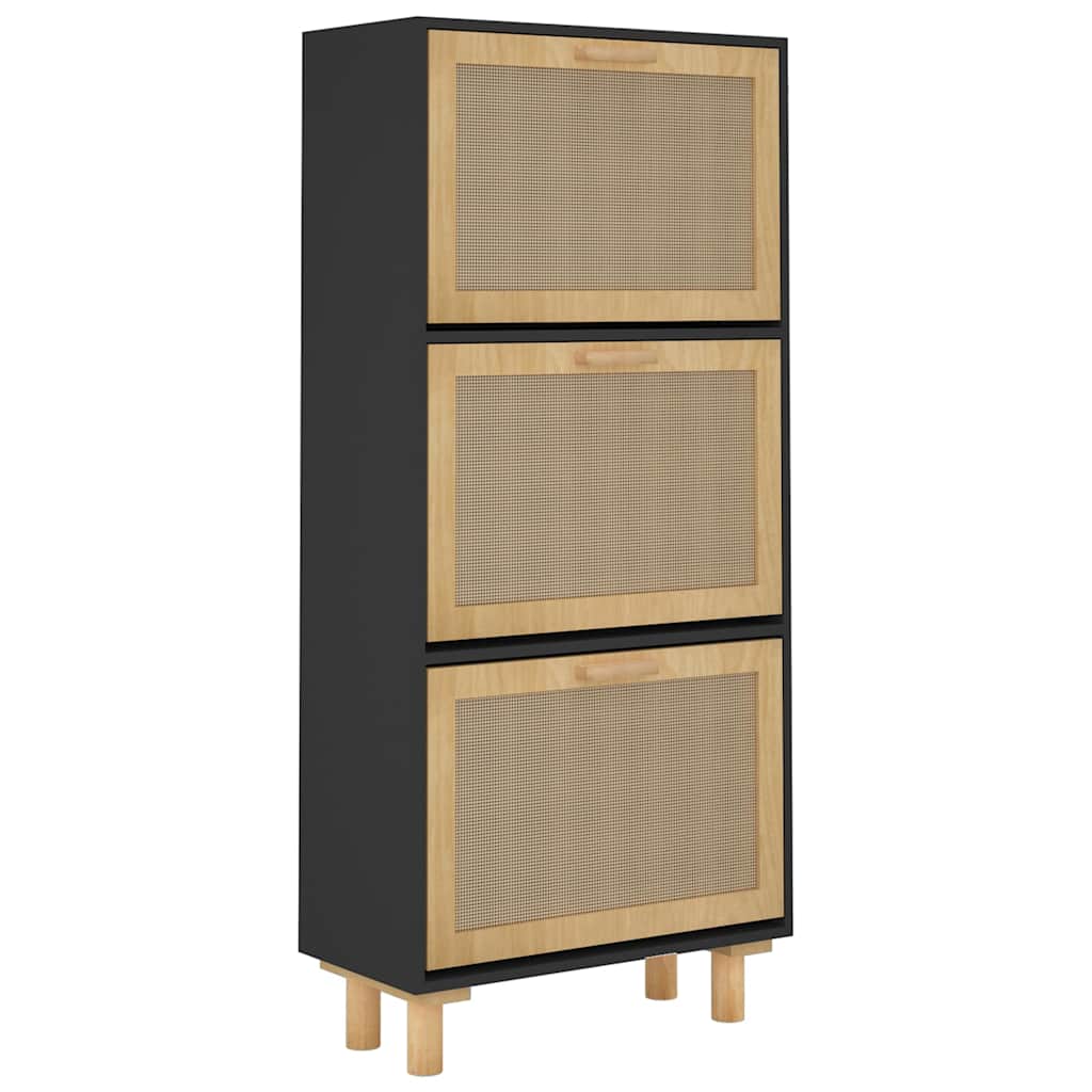 vidaXL Shoe Cabinet Black 52x25x115 cm Engineered Wood&Natural Rattan