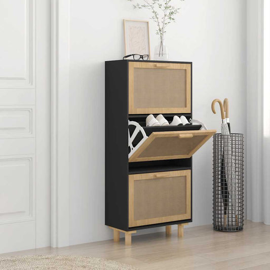 vidaXL Shoe Cabinet Black 52x25x115 cm Engineered Wood&Natural Rattan