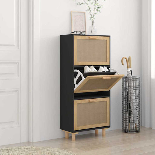 vidaXL Shoe Cabinet Black 52x25x115 cm Engineered Wood&Natural Rattan