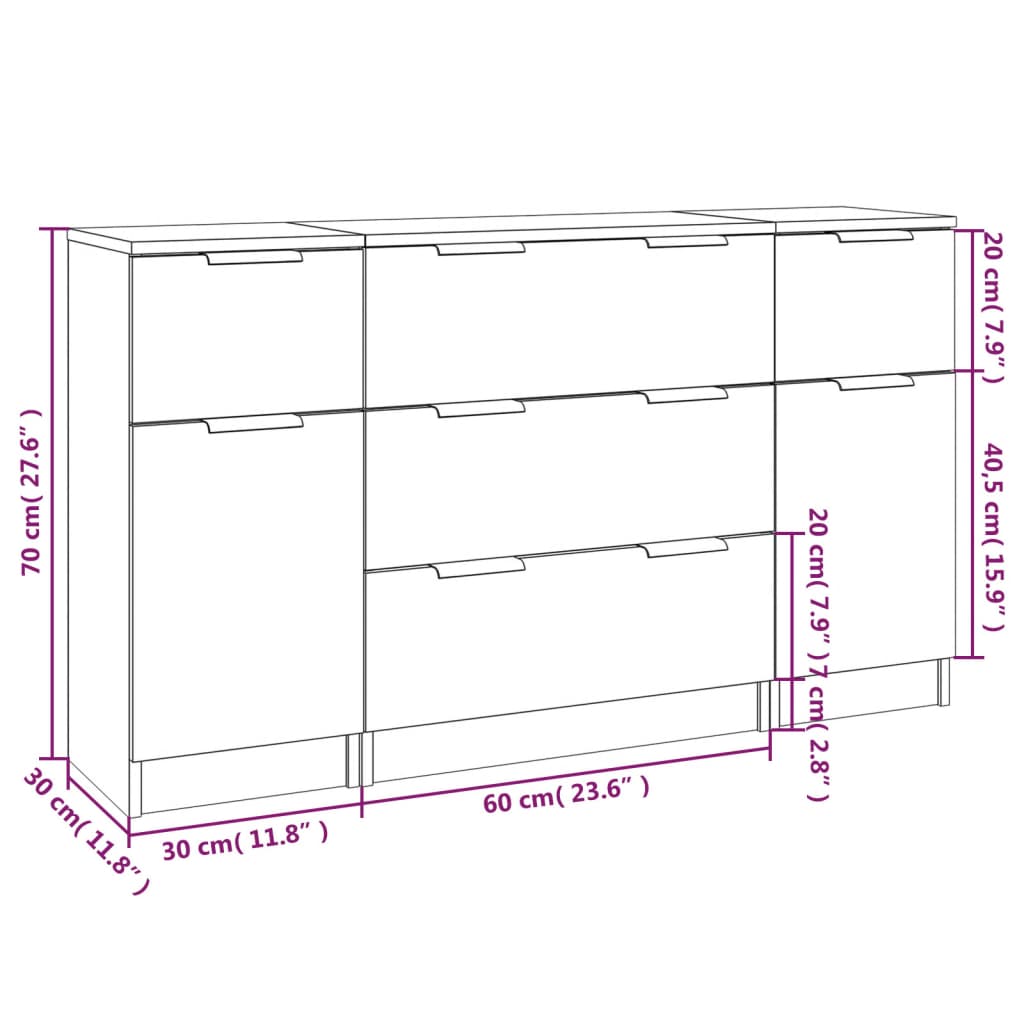 vidaXL 3 Piece Sideboard Set Smoked Oak Engineered Wood