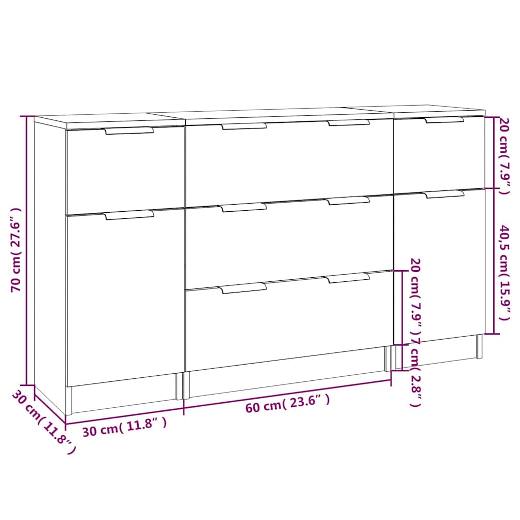 vidaXL 3 Piece Sideboard Set Smoked Oak Engineered Wood