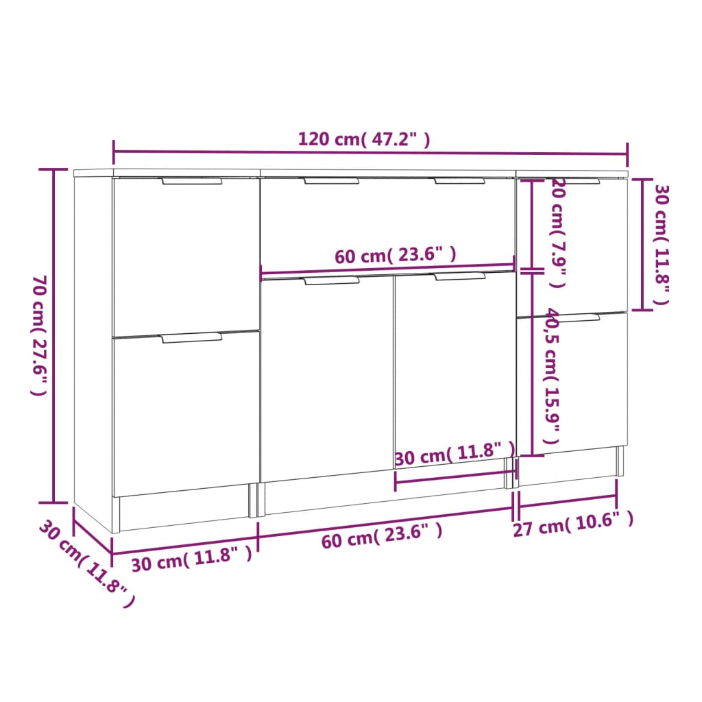 vidaXL Sideboards 3 pcs Sonoma Oak Engineered Wood