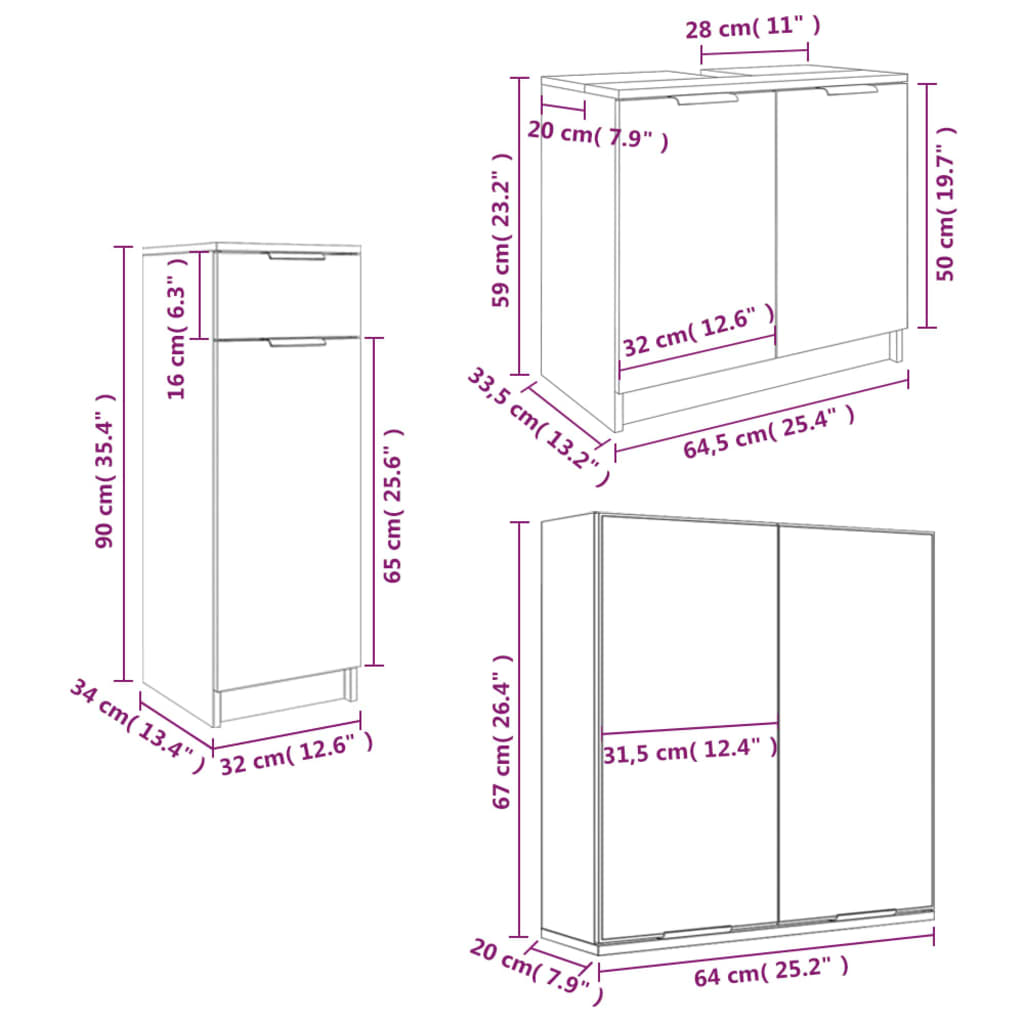 vidaXL 3 Piece Bathroom Cabinet Set Grey Sonoma Engineered Wood