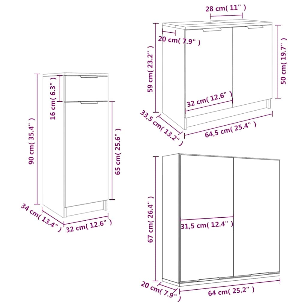 vidaXL 3 Piece Bathroom Cabinet Set Grey Sonoma Engineered Wood