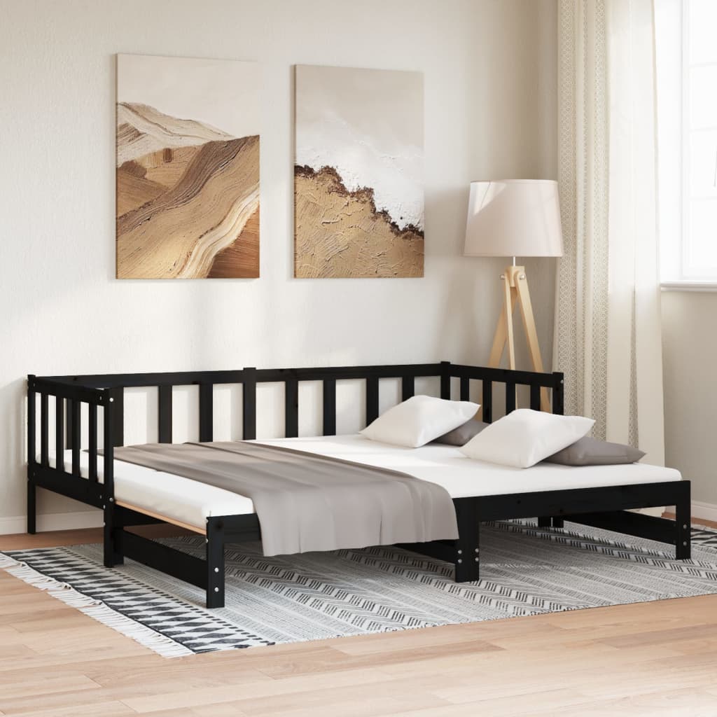 vidaXL Day Bed | Black | Solid Pine Wood | Double | Pull-Out | Rectangular