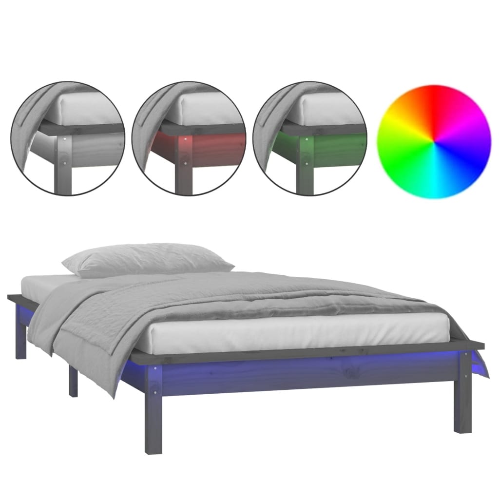vidaXL LED Bed Frame without Mattress Grey 90x200 cm Solid Wood