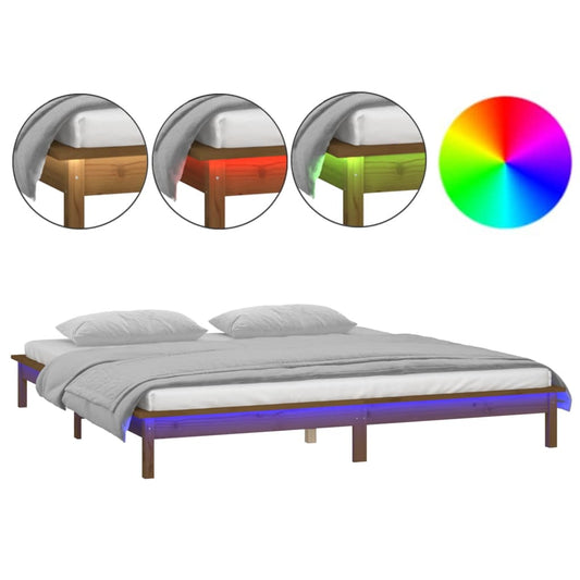 vidaXL LED Bed Frame without Mattress Honey Brown 140x200 cm Solid Wood