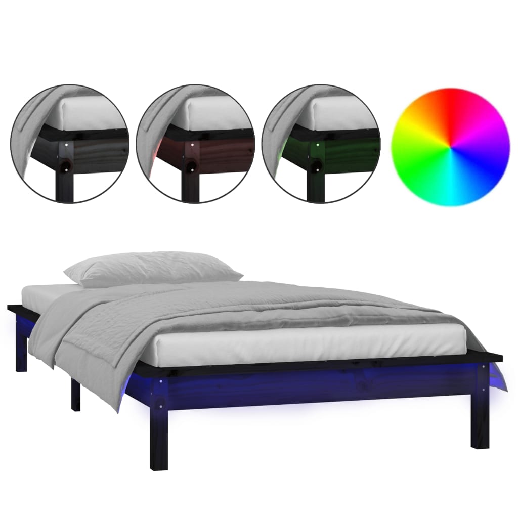 vidaXL LED Bed Frame without Mattress Black 75x190 cm Small Single  Solid Wood