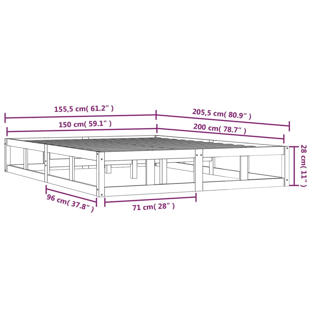 vidaXL Bed Frame without Mattress Grey 150x200 cm King Size King Size Solid Wood