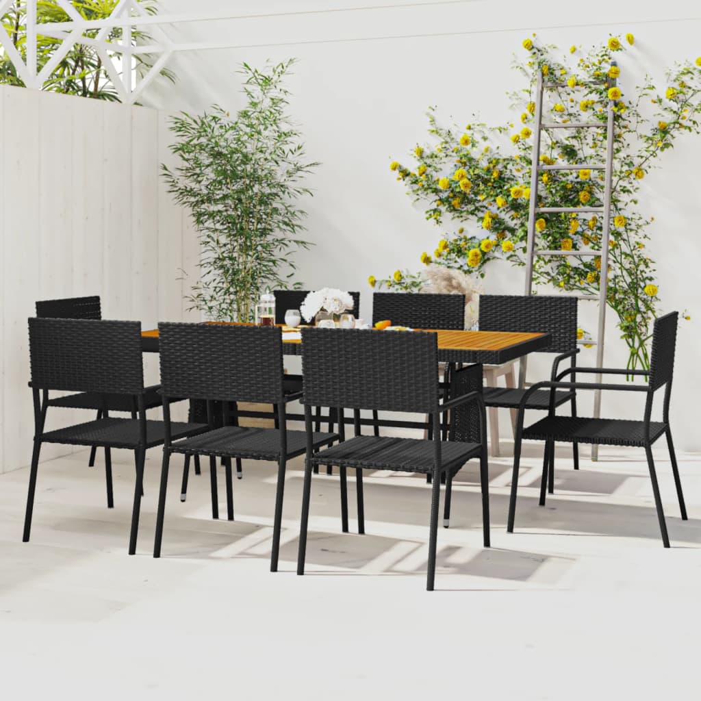 vidaXL Outdoor Dining Set | Black | PE Rattan, Steel, Solid Acacia Wood | Large