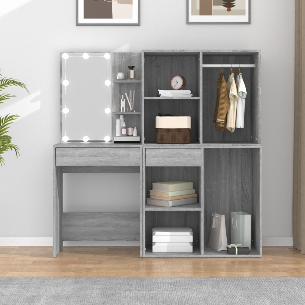 vidaXL LED Dressing Table With Cabinets | Grey Sonoma | Engineered wood, acrylic