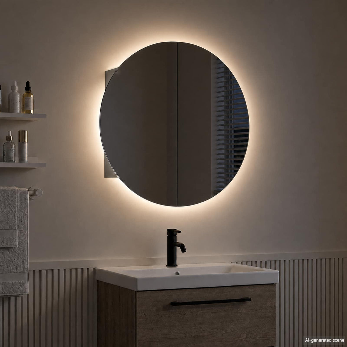 vidaXL Bathroom Cabinet with Round Mirror&LED Grey 40x40x17,5 cm