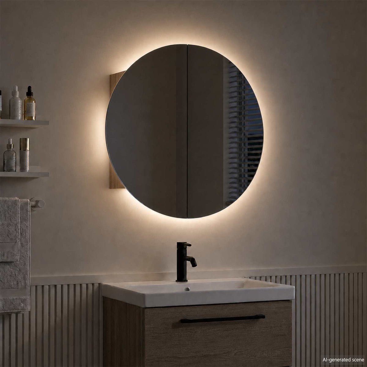 vidaXL Bathroom Cabinet with Round Mirror&LED Oak 40x40x17,5 cm