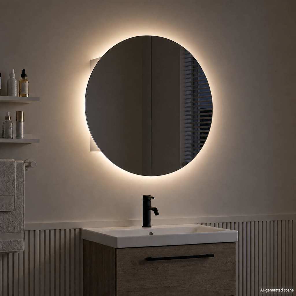 vidaXL Bathroom Cabinet with Round Mirror&LED White 47x47x17,5 cm