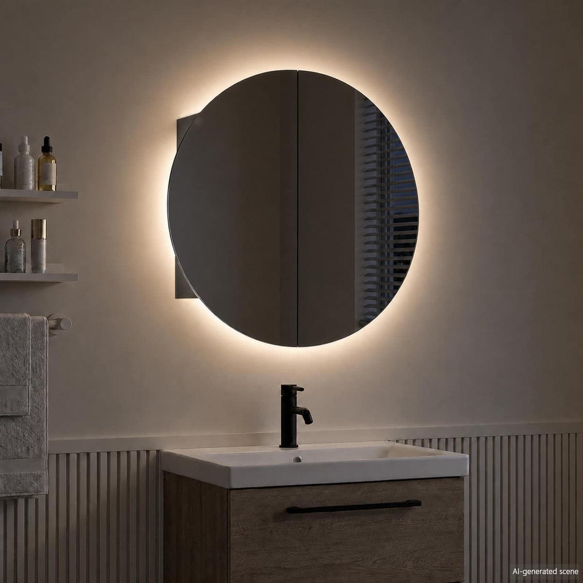 vidaXL Bathroom Cabinet with Round Mirror&LED Black 47x47x17,5 cm