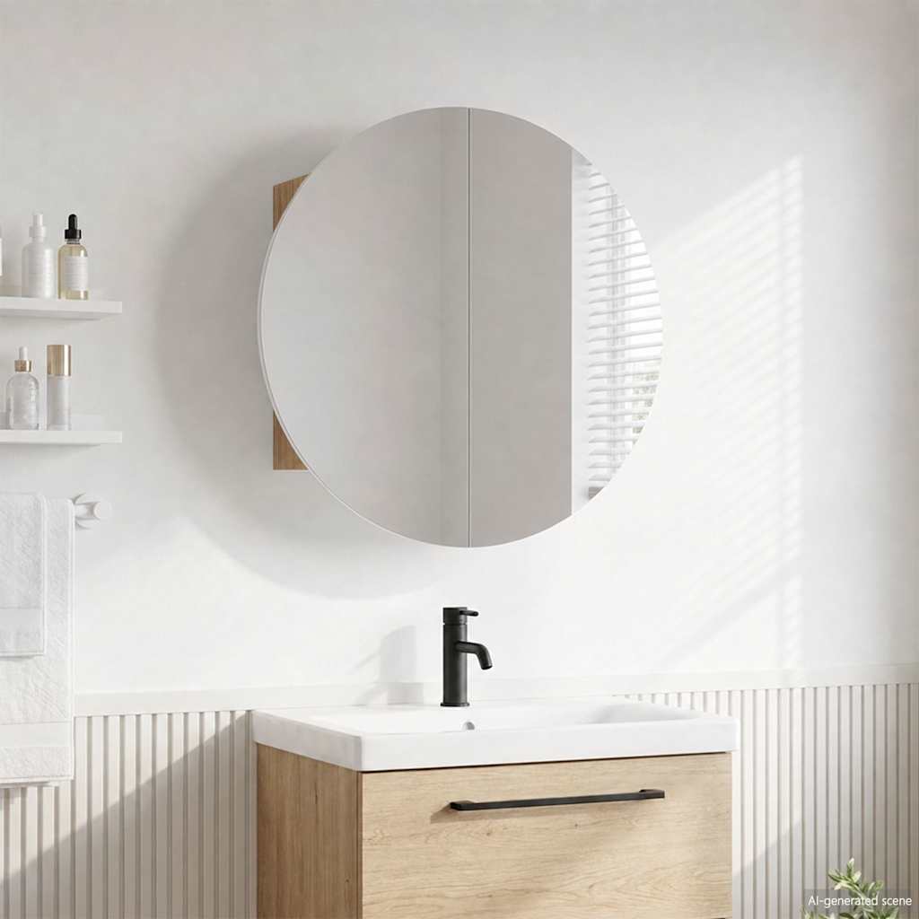 vidaXL Bathroom Cabinet with Round Mirror&LED Oak 54x54x17.5 cm