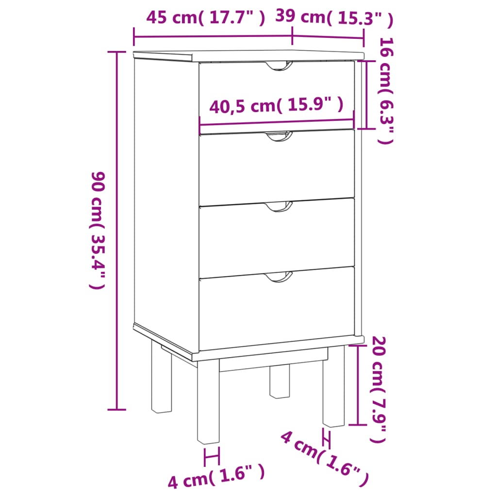 vidaXL Drawer Cabinet OTTA 45x39x90cm Solid Wood Pine