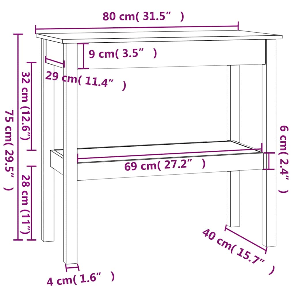 vidaXL Console Table White 80x40x75 cm Solid Wood Pine