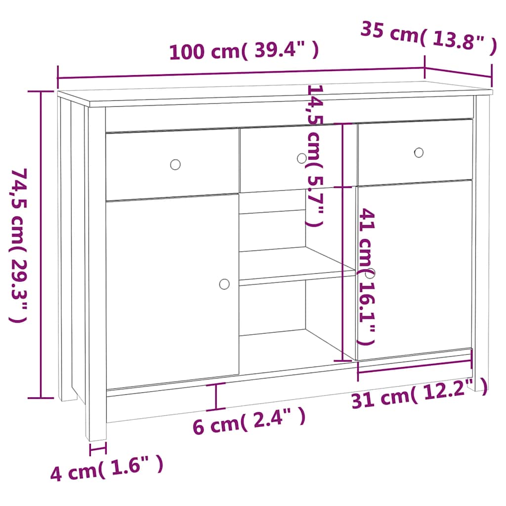 vidaXL Sideboard Black 100x35x74,5 cm Solid Wood Pine