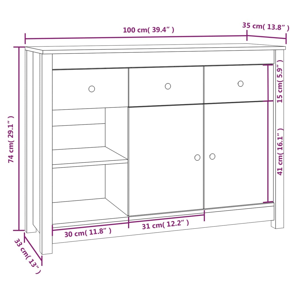 vidaXL Sideboard Honey Brown 100x35x74 cm Solid Wood Pine
