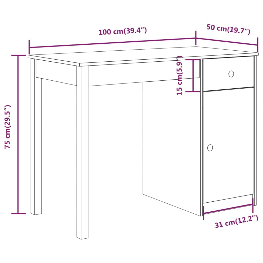 vidaXL Desk 100x50x75 cm Solid Wood Pine