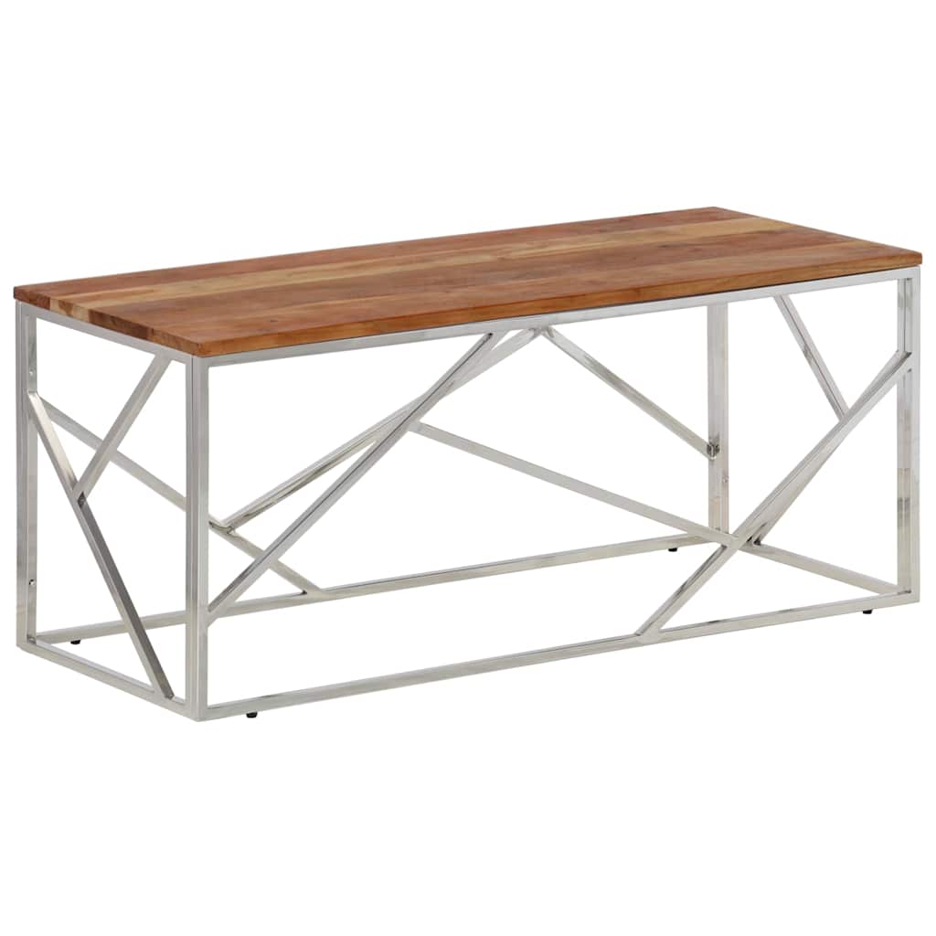 vidaXL Coffee Table Silver Stainless Steel and Solid Acacia Wood