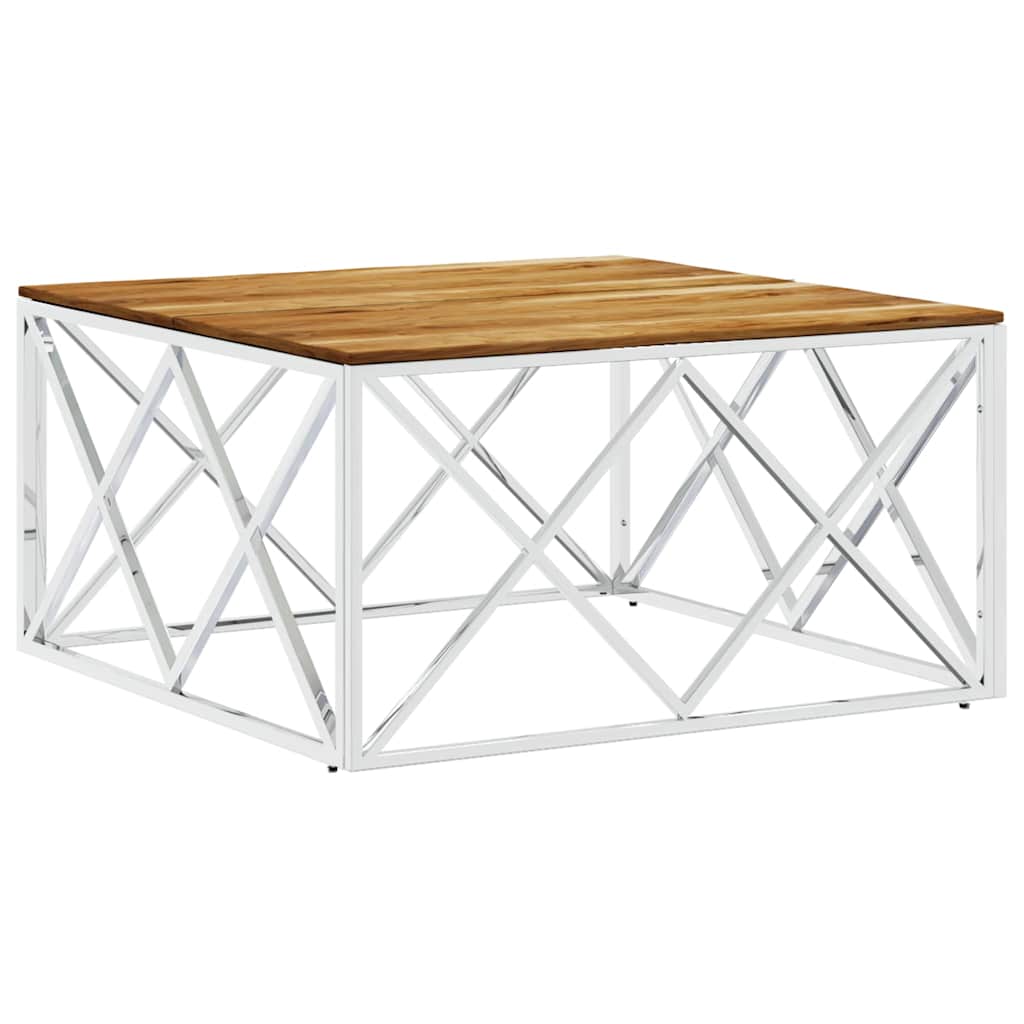 vidaXL Coffee Table Silver Stainless Steel and Solid Wood Acacia