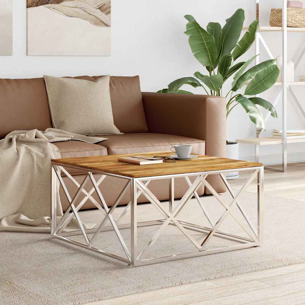 vidaXL Coffee Table Silver Stainless Steel and Solid Wood Acacia