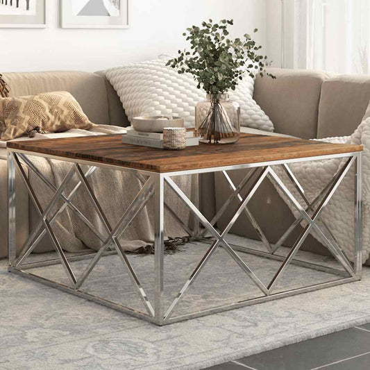 vidaXL Coffee Table Silver Stainless Steel and Solid Sleeper Wood