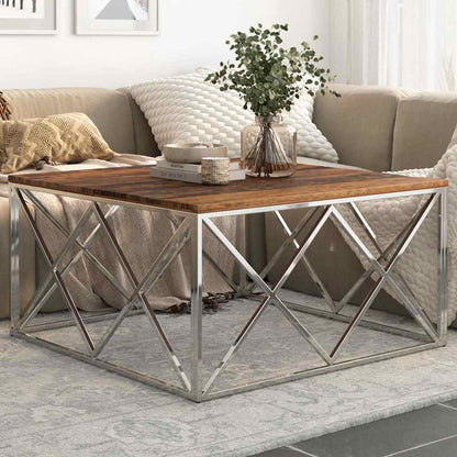 vidaXL Coffee Table Silver Stainless Steel and Solid Sleeper Wood