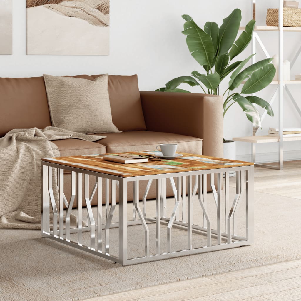vidaXL Coffee Table Silver Stainless Steel and Solid Wood Reclaimed