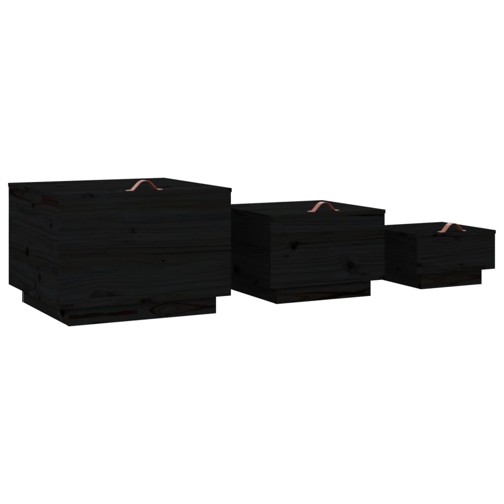 vidaXL Storage Boxes with Lids 3 pcs Black Solid Wood Pine