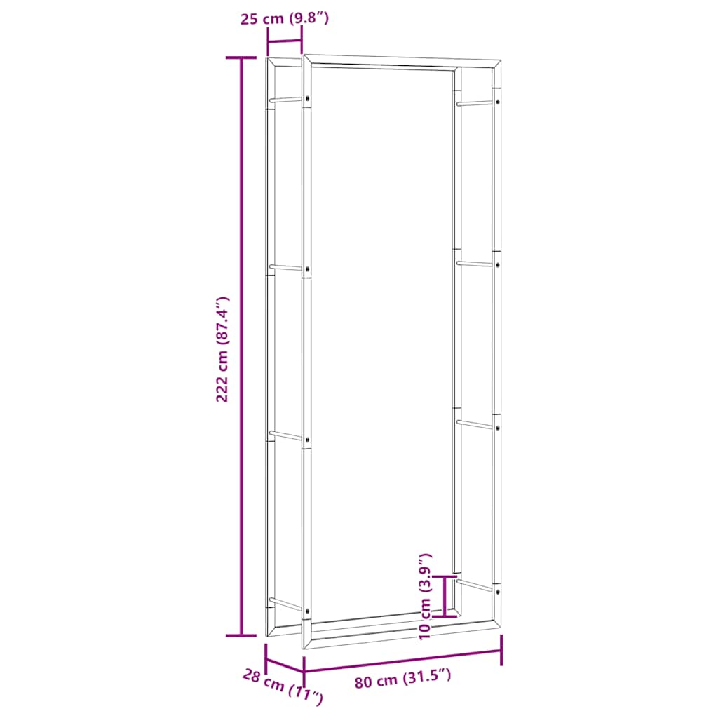 vidaXL Firewood Rack Matt Black 80x28x222 cm Steel