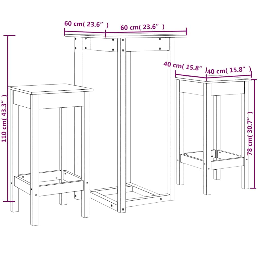 vidaXL 3 Piece Bar Set White Solid Wood Pine