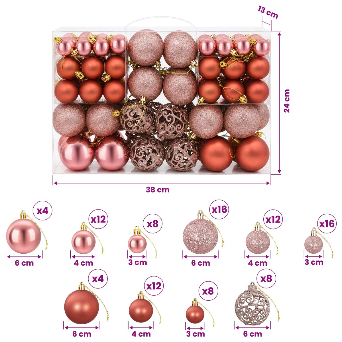 vidaXL Christmas Baubles 100 pcs Pink and Rose 3 / 4 / 6 cm