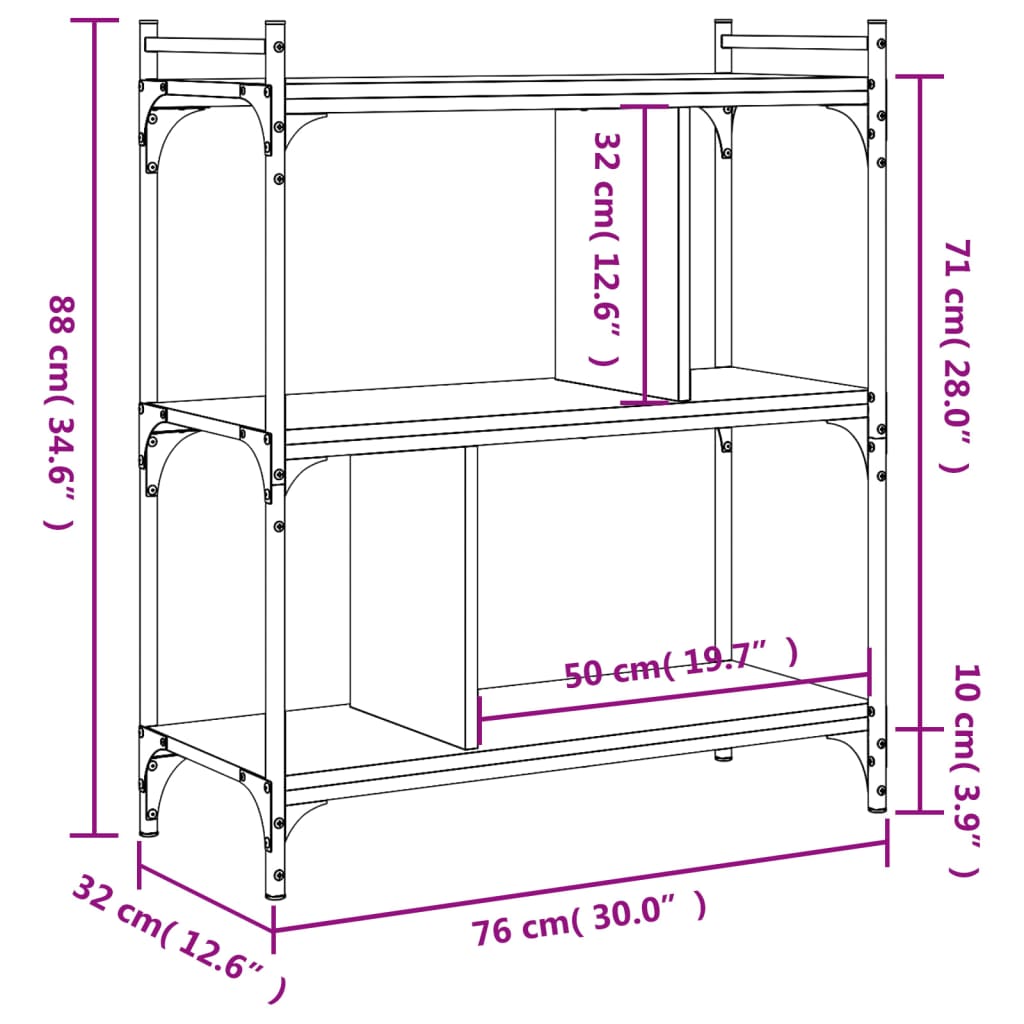 vidaXL Bookcase 3-Tier Smoked Oak 76x32x88 cm Engineered Wood