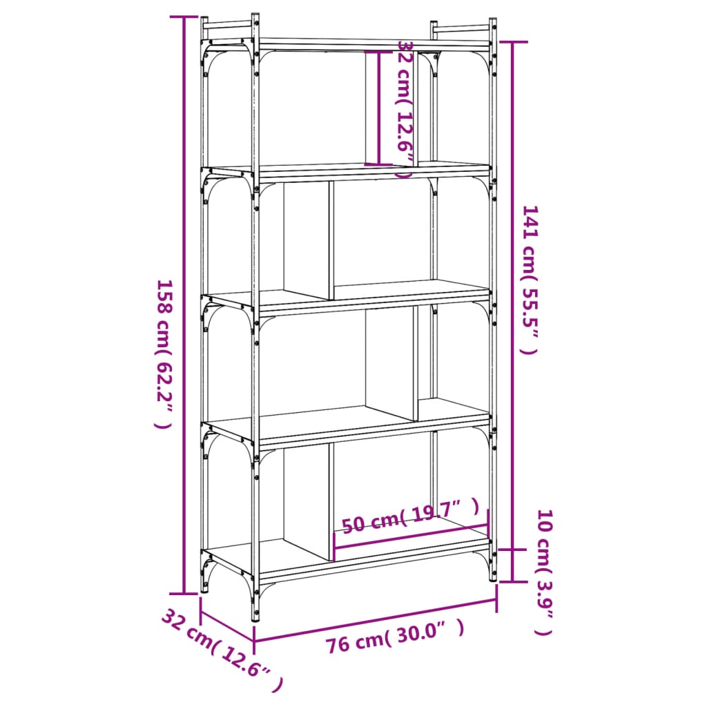 vidaXL Bookcase 5-Tier Grey Sonoma 76x32x158 cm Engineered Wood