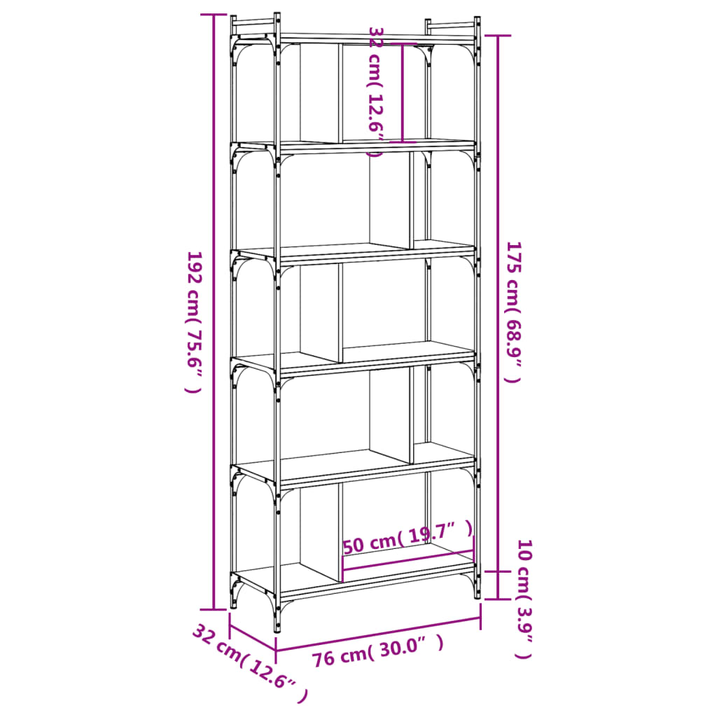 vidaXL Bookcase 6-Tier Grey Sonoma 76x32x192 cm Engineered Wood