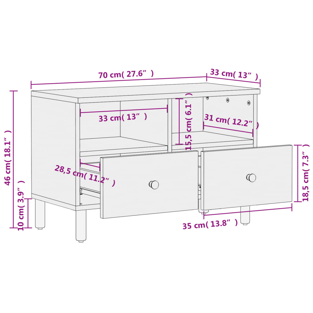 vidaXL TV Cabinet Black 70x33x46 cm Solid Wood Mango