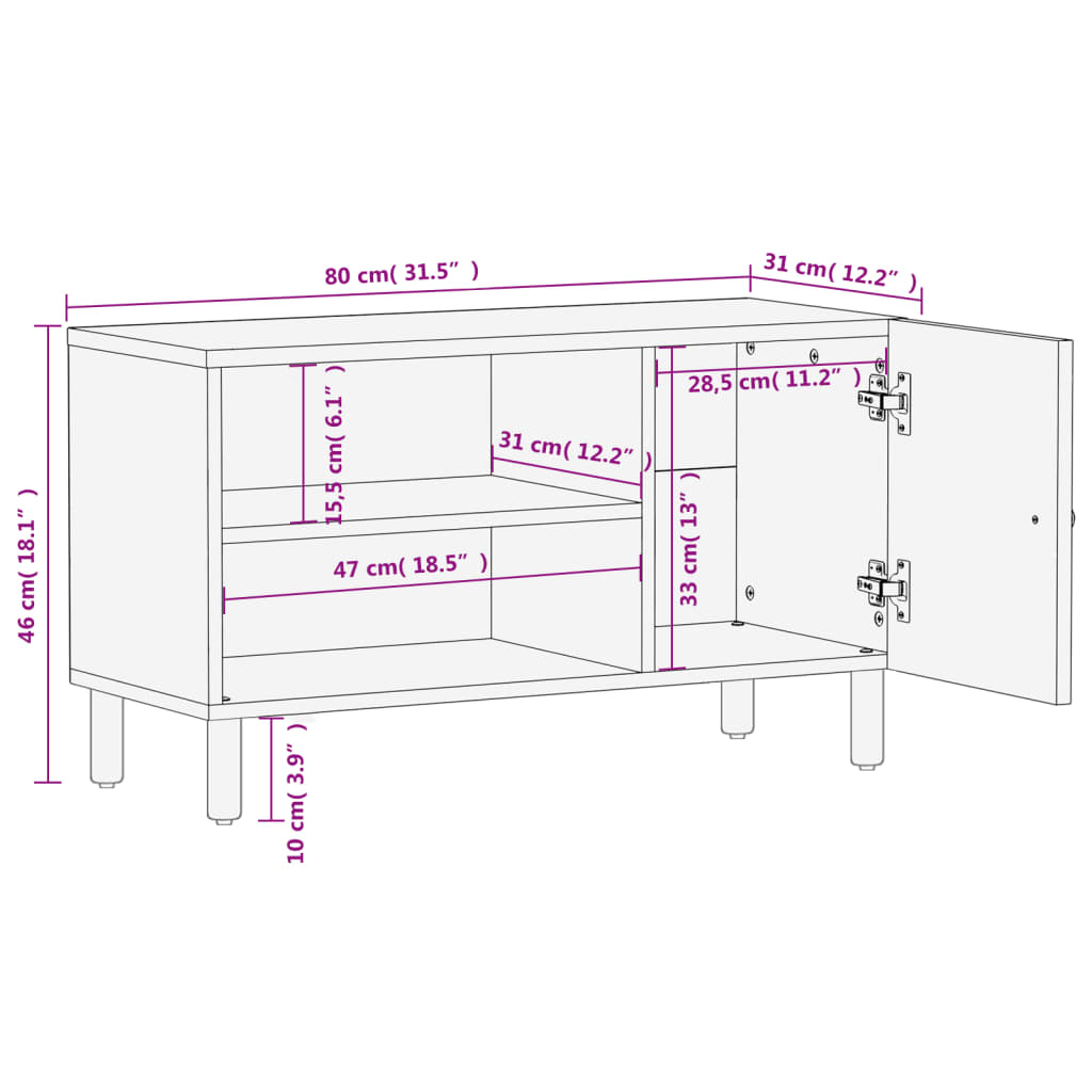 vidaXL TV Cabinet Black 80x31x46 cm Solid Wood Mango