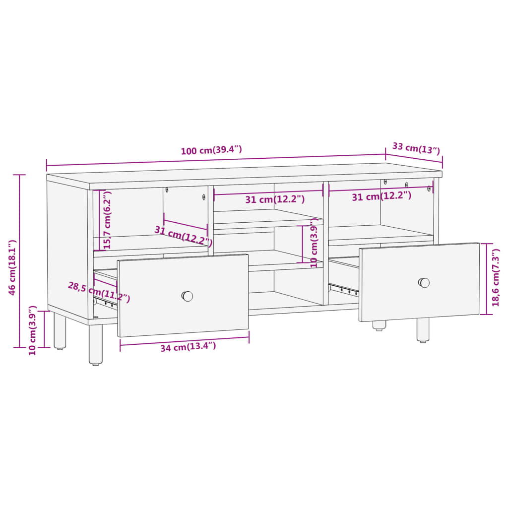 vidaXL TV Cabinet 100x33x46 cm Solid Wood Mango