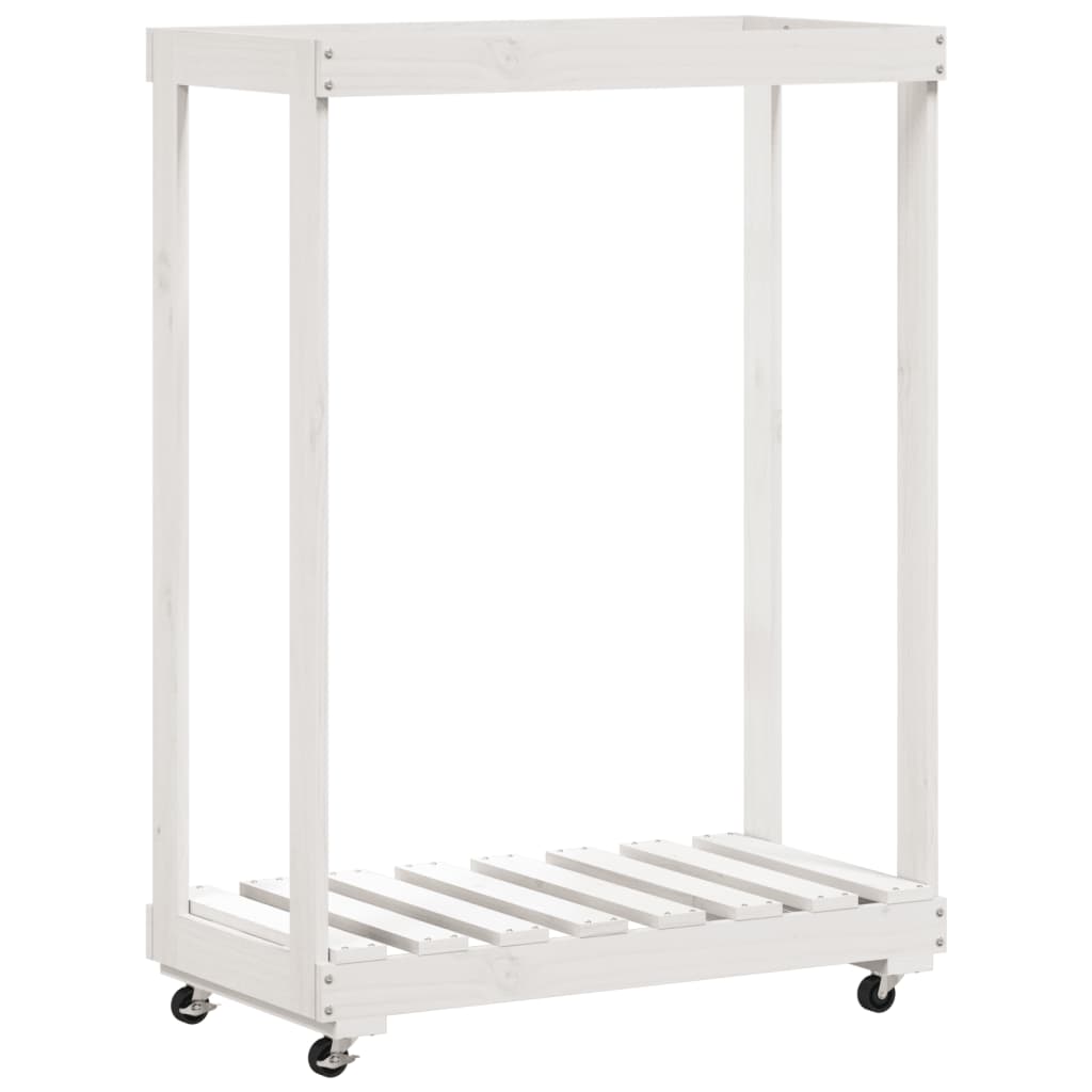 vidaXL Log Holder with Wheels White 76.5x40x108 cm Solid Wood Pine
